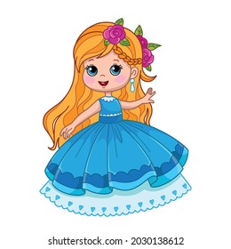 Little Princess in cartoon cute style. A festive blue ball gown on a dancing girl who has a birthday. Vector stylized illustration with child character. Hand drawing, isolated. Fun print for baby