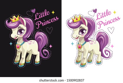 Little princess. Cartoon pretty pony with purple hair. Beautiful girlish print for t-shirt design.