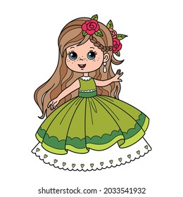 Little princess in cartoon style. Festive green fluffy ball gown on a cute baby girl with loose long hair. Stylized vector illustration with childish character. Fun isolated print for toddler.