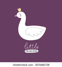 little princess. Cartoon swan, hand drawing lettering. colorful vector illustration, flat style. baby design for cards, t-shirt print, poster
