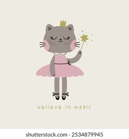 desenho de desenho animado pequeno gato princesa para tee print como vetor