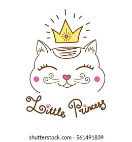 Little princess cat print vector isolated on white background. Design for kids poster, baby shower invitation, birthday cards or girls fashion clothing. 