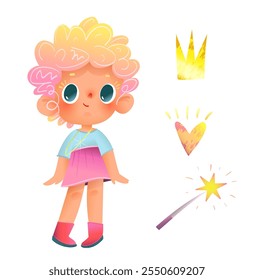 Little princess character design. Cute girl wearing princess costume and items like a shiny magic wand, shiny crown and a loving heart. Colorful fairy tale vector clip art graphics for children.