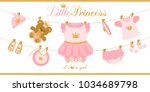 Little princess clothes hanging on line. Illustration for baby shower invitation card. Royal birthday first party. Cute vector things isolated on white background. Pink and gold crown. Teddy bear girl