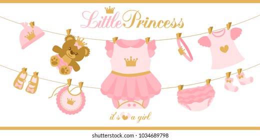 Little princess clothes hanging on line. Illustration for baby shower invitation card. Royal birthday first party. Cute vector things isolated on white background. Pink and gold crown. Teddy bear girl