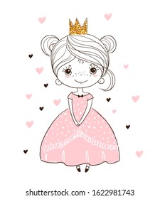 Little princess in a crown and a beautiful dress. Fairytale girl. Poster for the nursery, postcard, invitation. Cartoon sketch, vector illustration