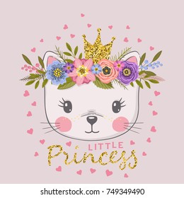 Little Princess With Crown. Cute Cat With Floral Wreath