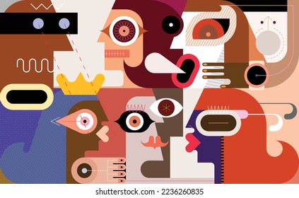 A little princess with a crown on her head, surrounded by courtiers and servants, is listening to a fairy tale. Modern art vector graphic illustration.