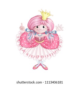 A little princess with a crown on pink hair, in a pink ball gown with frills shows her fingers that she is six years old. Children's vector cartoon character for celebrating the birthday. Isolate.