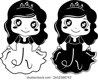 kleine Prinzessin mit Krone, Vektorgrafik schwarz-weiß 