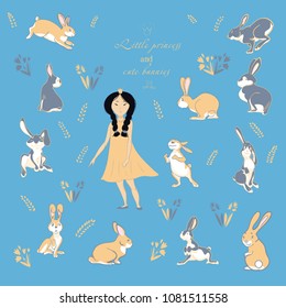 Little princess and cute bunnies collection. Dancing girl, a yellow dress, yellow and gray rabbits. Vector set isolated on background.