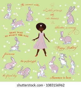 Little princess and cute bunnies. Inscription collection. Vector set of illustrations isolated on background. Pink rabbits, a cartoon girl. 