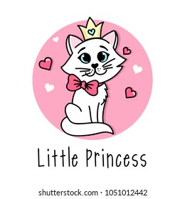 Little Princess cute card with hand drawn white cat and crown. Handdrawn card for little girl. Design for t-shirt, prints, card or invitation.