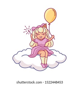 Little Princess cute cartoon character colorful vector illustration cute smiling girl sitting on a cloud with a yellow balloon and a Sparkler in her hands