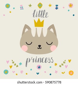 Little princess. Cute little cat with crown. Fashion pussycat. Childish postcard. Vector illustration