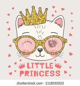 Little Princess. Cute cat girl face with crown, glittering sunglasses. Hand drawn vector illustration