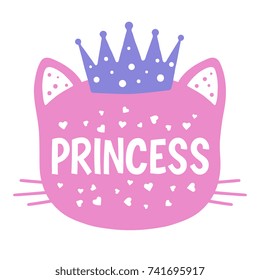 Little Princess. Cute cat girl. Silhouette little kitten with crown. Vector illustration for print on t-shirt and other uses