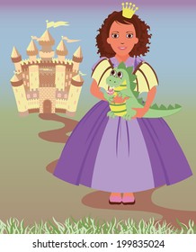 Little princess and cute dragon, vector illustration