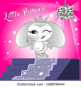 Little princess. Cute elephants character on the stage in a crown with silver glitter texture. Vector ilustration for kids room decoration.