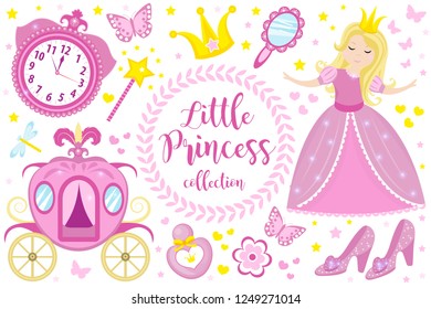 Little Princess cute pink set
objects, icons cartoon style . Pretty girl in  beautiful dress with a crown, carriage, mirror, perfume collection. Isolated on white background. Vector illustration