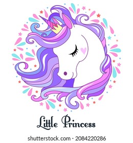 Little Princess. Cute Unicorn head portrait illustration for children design with text. Sweet fantasy magic pony character for t-shirts, prints and cards