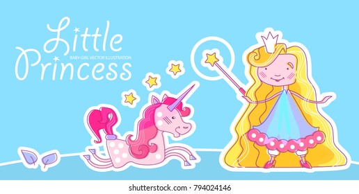 Little Princess Design Template with Fantastic Unicorn, Magic Wand, Crown, Blonde Hair and Stars. Vector illustration