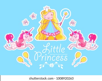 Little Princess Design Template with Magic Wand, Crown, Blonde Hair, Balloons, Flowers and Stars. Vector illustration
