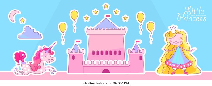 Little Princess Design Template with Magic Wand, Crown, Blonde Hair, Balloons and Stars.
