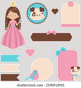 Little princess digital stickers set. Cute collection of a princess, bird, and puppy. Ready to use digital stickers for children.