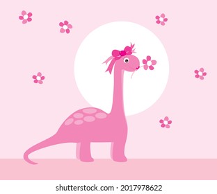 Little princess dinosaur in happy. Pink color tone pastel cartoon cute of girl Dino ties a bow fetching flowers. Vector illustration in Hand drawing. Art for kids decor wall, print, card, clothes,etc