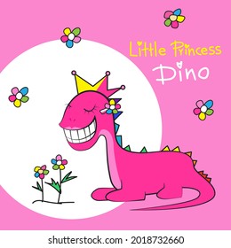 Kleine Prinzessin Dinosaurier lächelt chic. Hellrosa Farbtoncartoon, Girl Dino cute, Blumenhain Regenbogen. Handzeichnung Vektorgrafik. Art für Kinderdekoration, Kleiderbekleidung usw.