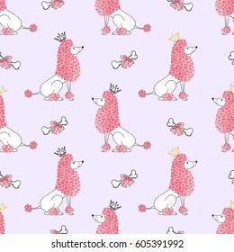 Little princess dogs pattern. Seamless vector background with cute watercolor poodles for kids design.