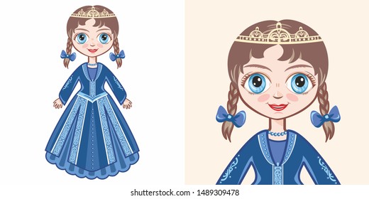 Little princess. Doll toy clothes. Romantic girl with avatar. Little Girl in Princess Costume