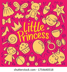 Little princess doodle hand drawn illustration with dress, doll, magic wand, butterfly, ring, balloon and unicorn. Pattern for fairy little ladies