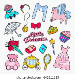 Little Princess Doodle. Set of Stickers, Badges and Patches with Unicorn, Crown and Cupcake. Vector illustration