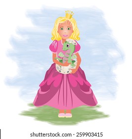 Little princess and dragon, vector illustration