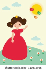 Little princess dressed in red and the three cute birds on background of spring landscape.