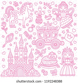 Little princess fairy tale. Set of outline elements. Princess, fairy, castle, pony. Vector illustration.