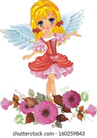Little princess with floral decorations. Greeting postcard with angel