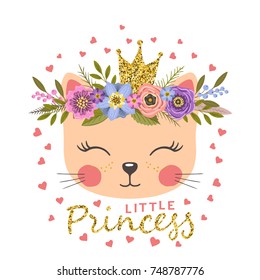 Little Princess With Floral Wreath. Cute Cat With Crown