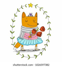 Little princess fox lady with bouquet poppy flowers vector children book illustration