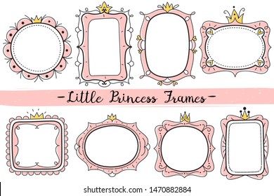 Little princess frames. Pink cute mirrors frame, baby girl birthday party invitation card with hand drawn crown. Vector elegant kid decor and romantic gold round royal shower photo template