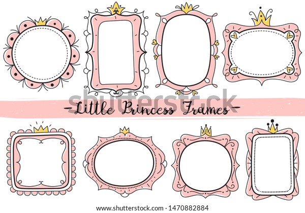 Little\
princess frames. Pink cute mirrors frame, baby girl birthday party\
invitation card with hand drawn crown. Vector elegant kid decor and\
romantic gold round royal shower photo\
template