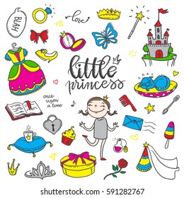 Little princess funny color set. Girls dress, butterfly, mirror, sweets, gifts, diamond ring, dragon, hearts and stars. Isolated elements on a white background