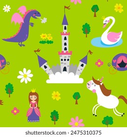 Little princess - funny doodle, seamless pattern. Castle, unicorn, hearts, fashion elements. Cartoon background, texture for bedsheets, pajamas, wrapping papers.