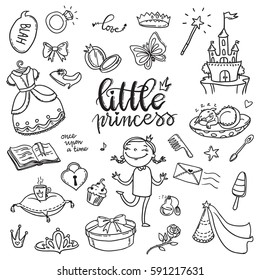 Little princess funny graphic set. Girls dress, butterfly, mirror, sweets, gifts, diamond ring, dragon, hearts and stars. Isolated elements on a white background