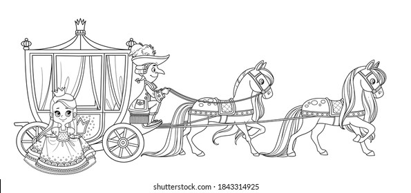 The little princess gets out of the carriage pulled by horses with the coachman outlined for coloring book