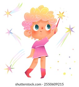 Little princess girl character design for kids story. Cute girl wearing princess costume doing magic with sparkling shiny magic wand. Colorful fairy tale vector clip art graphics for children.