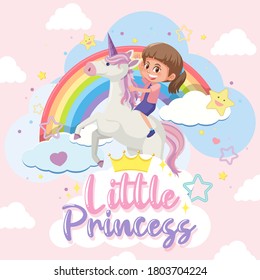 Little princess with girl riding unicorn on pink and blue pastel background illustration