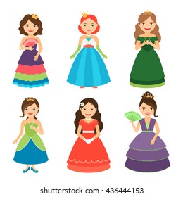 Little princess girls with tiaras in long dresses vector illustration